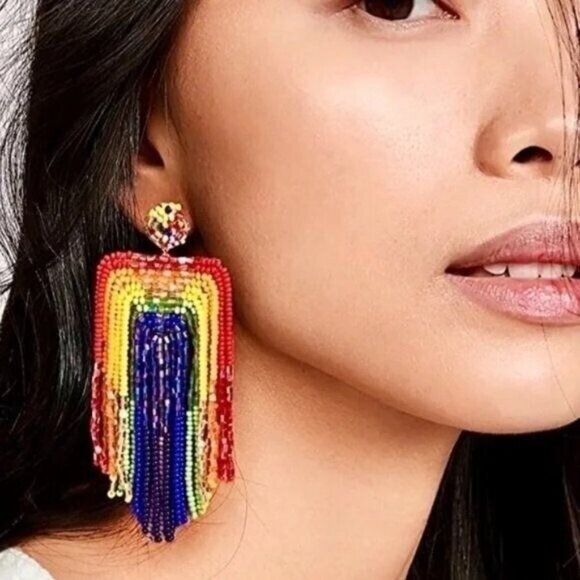 Anthropologie Deepa Gurnani Earrings Becka Rainbow Fringe Chandelier NEW - Picture 2 of 13